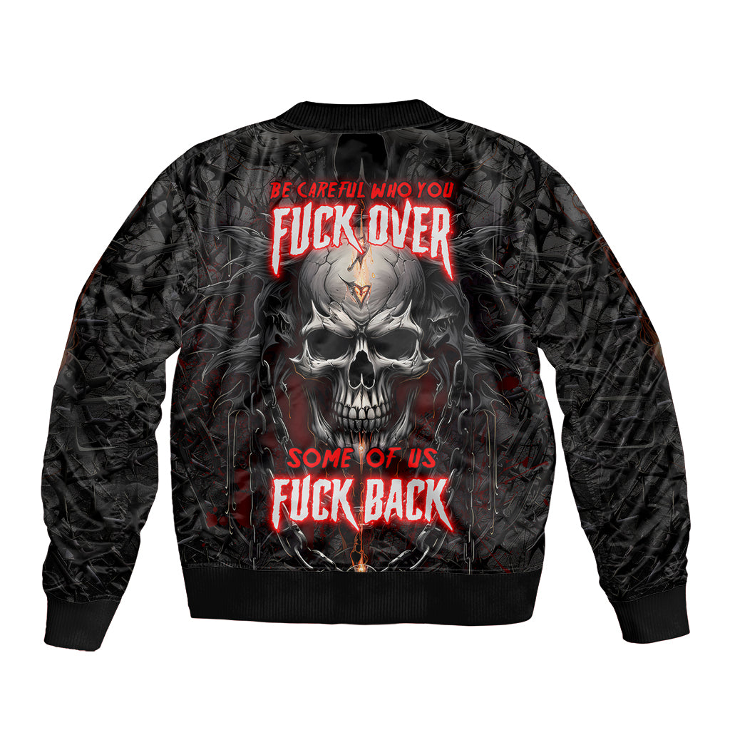 Black unisex bomber jacket with large skull graphic on back