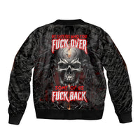 Black unisex bomber jacket with large skull graphic on back