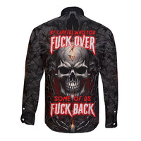 Black long-sleeve button shirt with large back skull graphic and chains