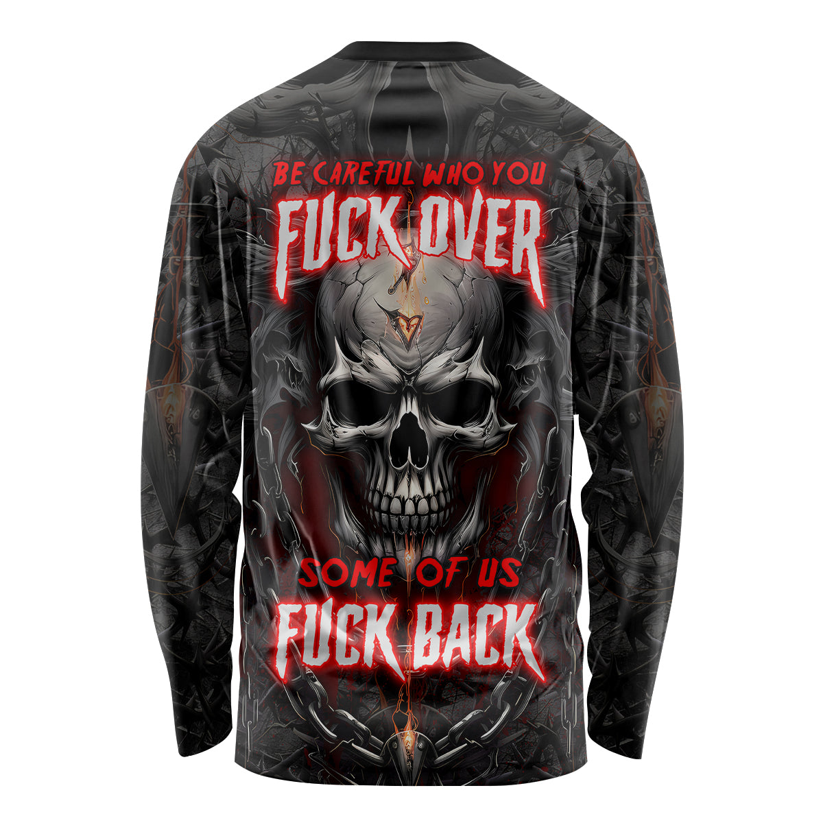 Black long sleeve shirt, back graphic with skull and red warning-style text