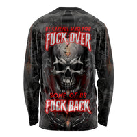 Black long sleeve shirt, back graphic with skull and red warning-style text
