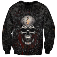 Black skull sweatshirt with detailed skull face, chains, and red accents on front