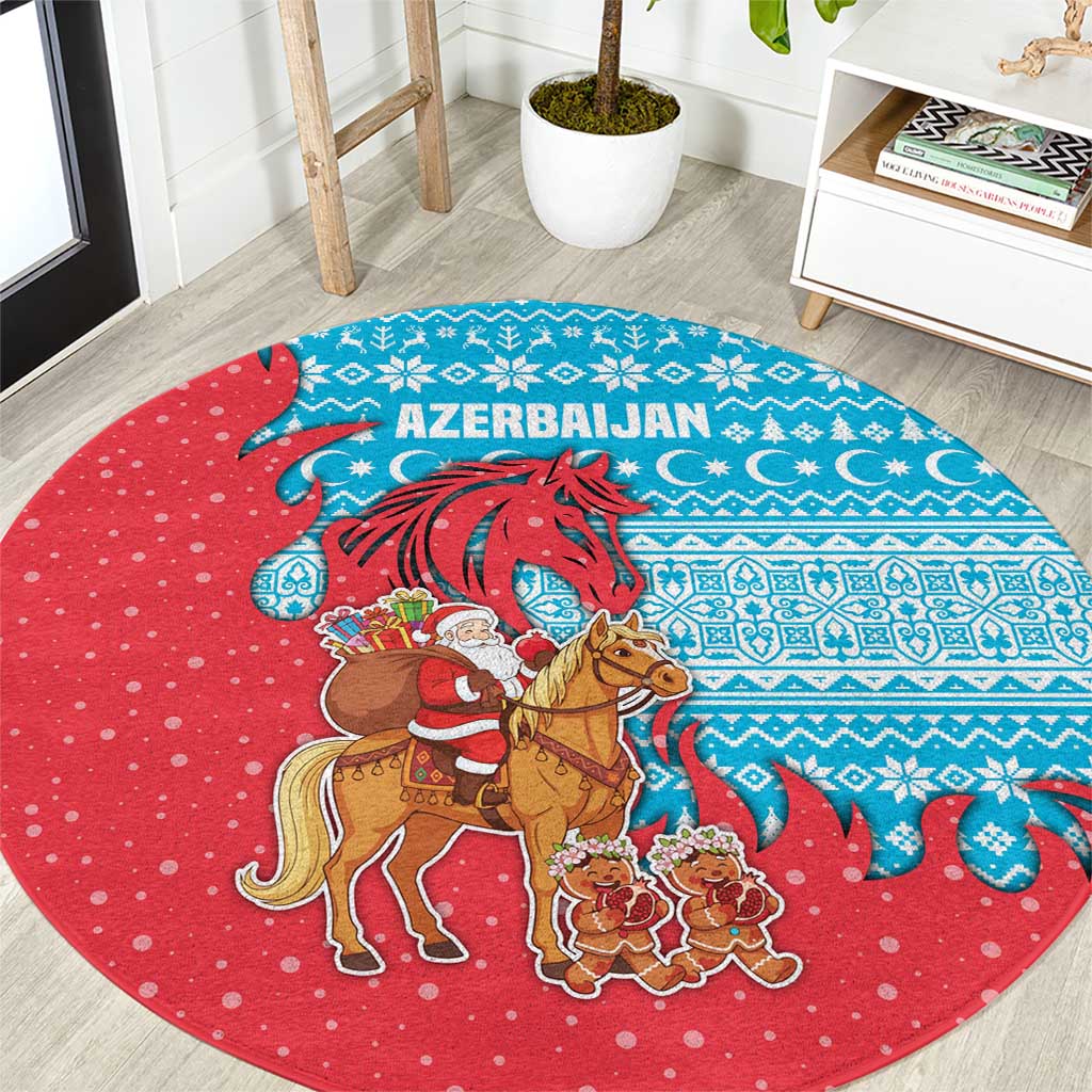 Azerbaijan Christmas Round Carpet with Santa Riding Horse Red Flame Motif and Blue Islamic Pattern Design - Wonder Print Shop