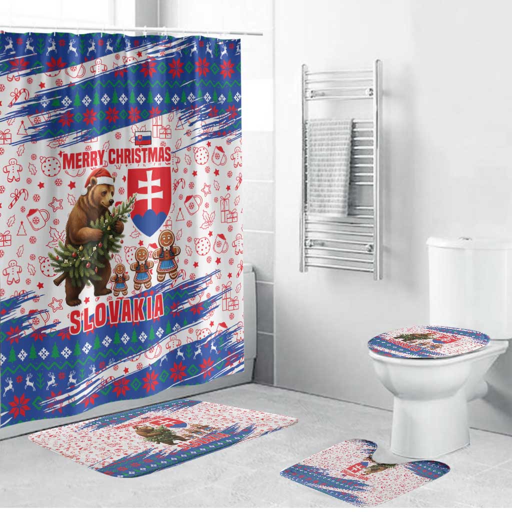Slovakia Christmas Bathroom Set with Bear Holding Tree Gingerbread Cookies and Red Blue Snowflake Pattern Design - Wonder Print Shop