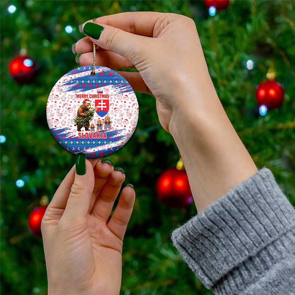 Slovakia Christmas Ceramic Ornament with Bear Holding Tree Gingerbread Cookies and Red Blue Snowflake Pattern Design - Wonder Print Shop