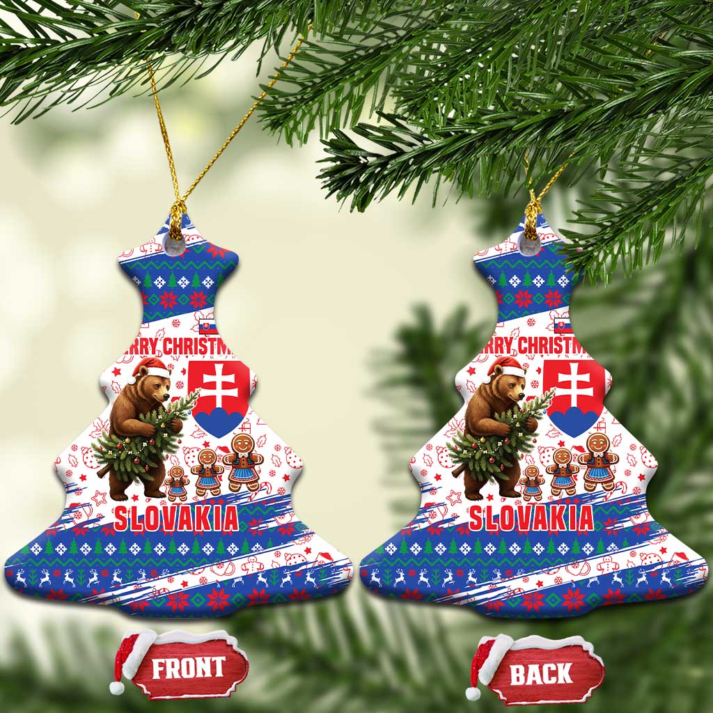 Slovakia Christmas Ceramic Ornament with Bear Holding Tree Gingerbread Cookies and Red Blue Snowflake Pattern Design - Wonder Print Shop
