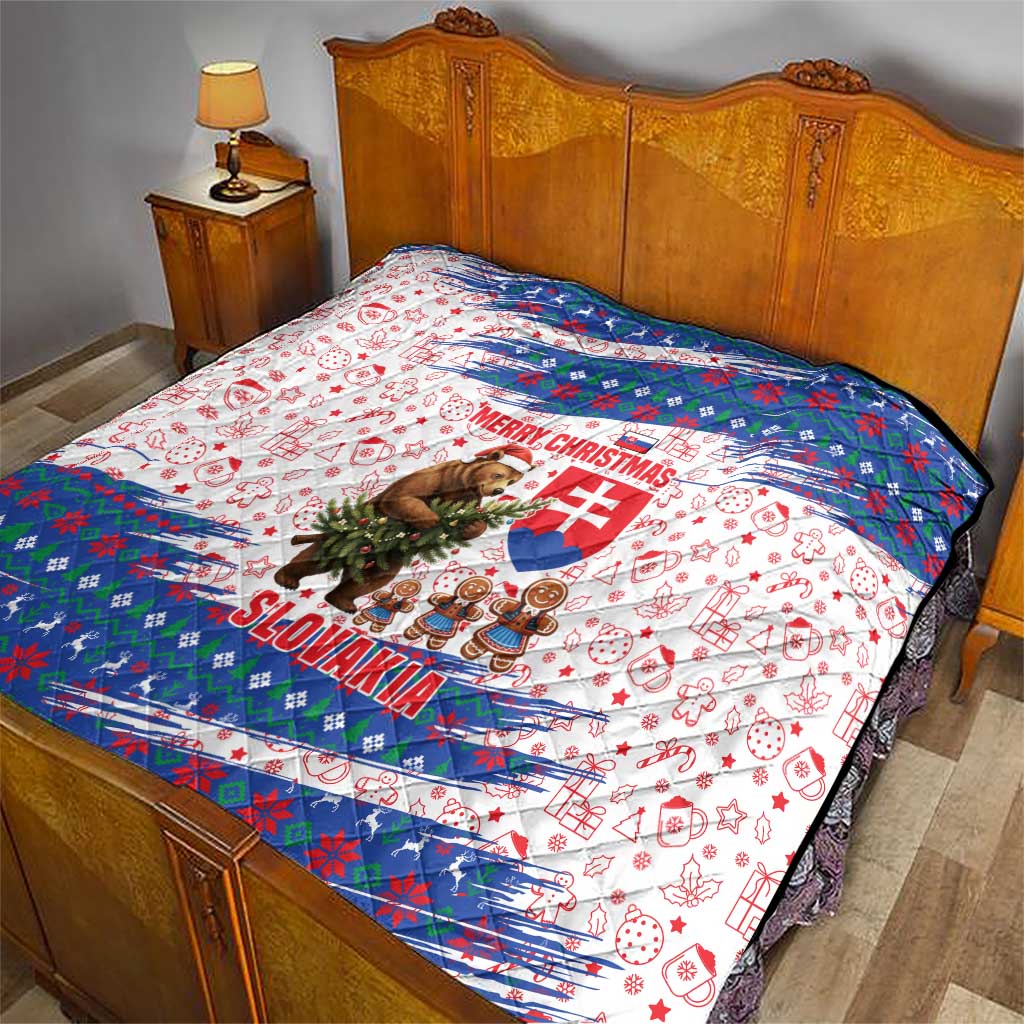 Slovakia Christmas Quilt with Bear Holding Tree Gingerbread Cookies and Red Blue Snowflake Pattern Design - Wonder Print Shop