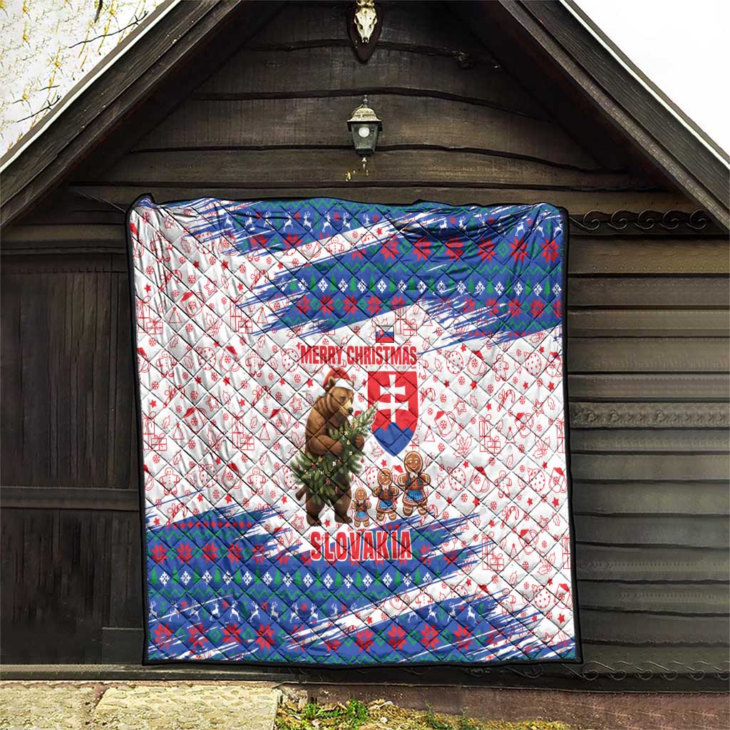 Slovakia Christmas Quilt with Bear Holding Tree Gingerbread Cookies and Red Blue Snowflake Pattern Design - Wonder Print Shop