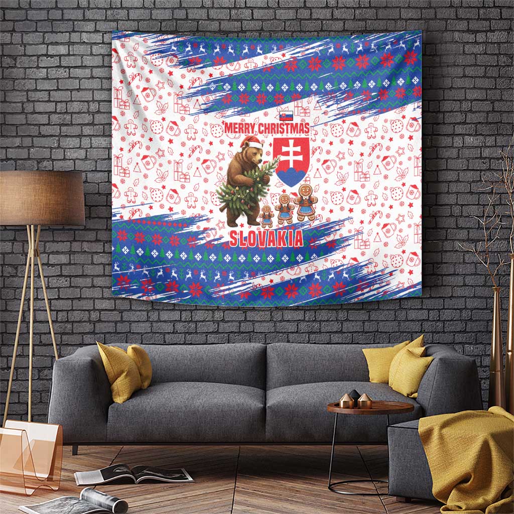 Slovakia Christmas Tapestry with Bear Holding Tree Gingerbread Cookies and Red Blue Snowflake Pattern Design - Wonder Print Shop
