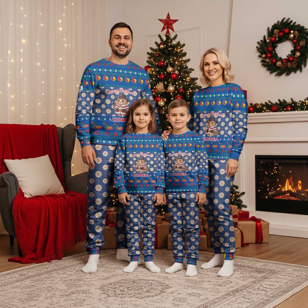 Korea Christmas Pajama Set with Bear in Hanbok National Emblem and Traditional Boat Pattern Design - Wonder Print Shop
