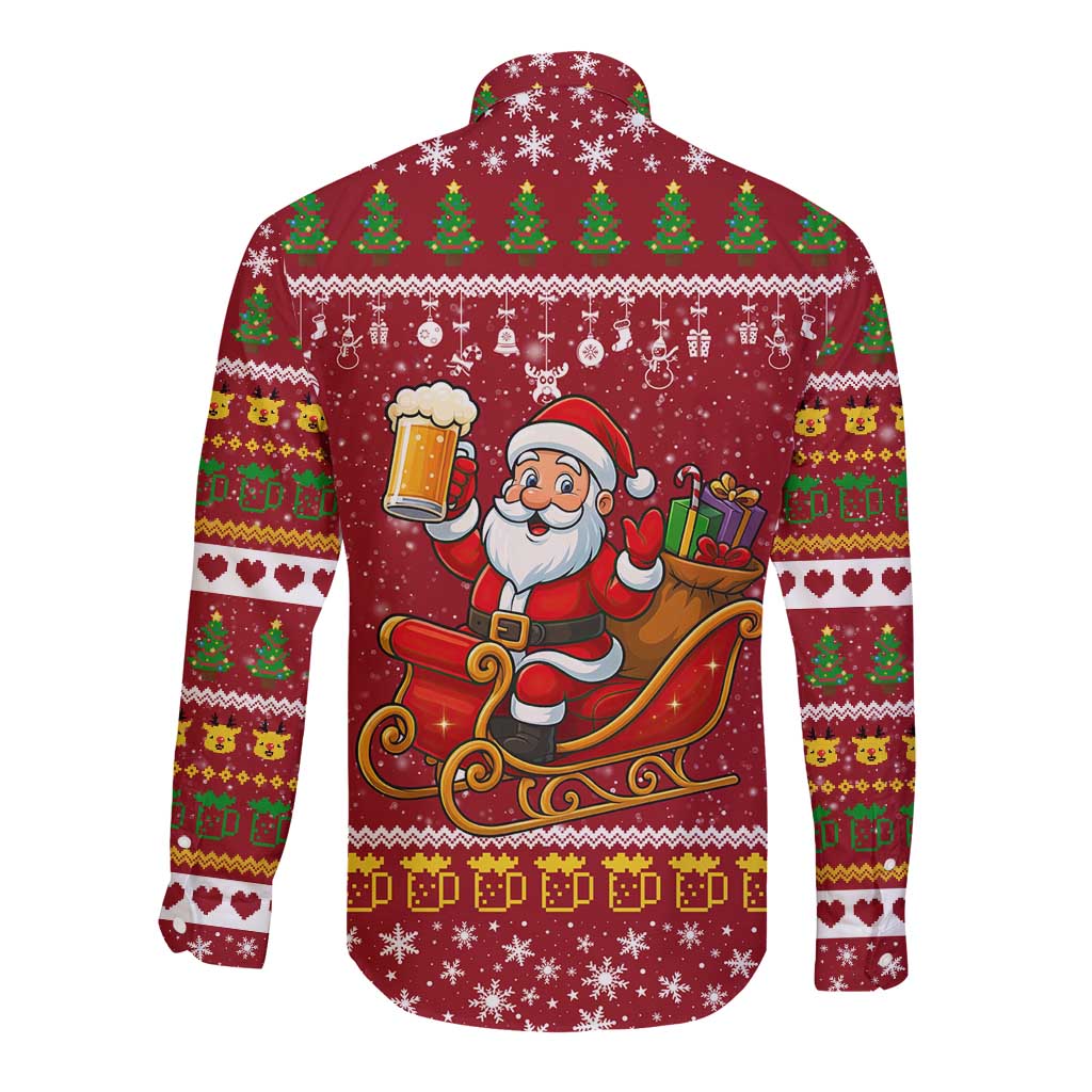 One More Night Santa Beer Christmas Long Sleeve Button Shirt Xmas Holiday Patterns - Wonder Print Shop