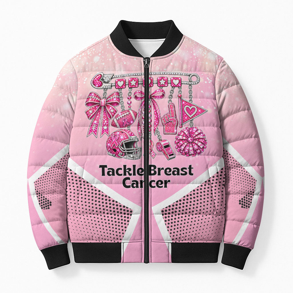 Breast Cancer Awareness Football Bomber Puffer Jacket Pink Out Gridiron Tackle Cancer Ribbon Charm