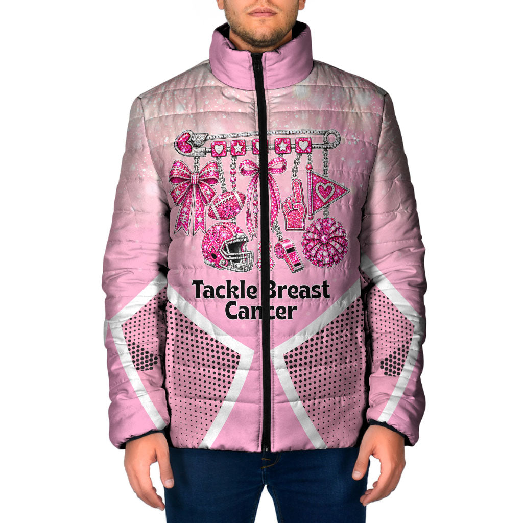 Breast Cancer Awareness Football Padded Jacket Pink Out Gridiron Tackle Cancer Ribbon Charm