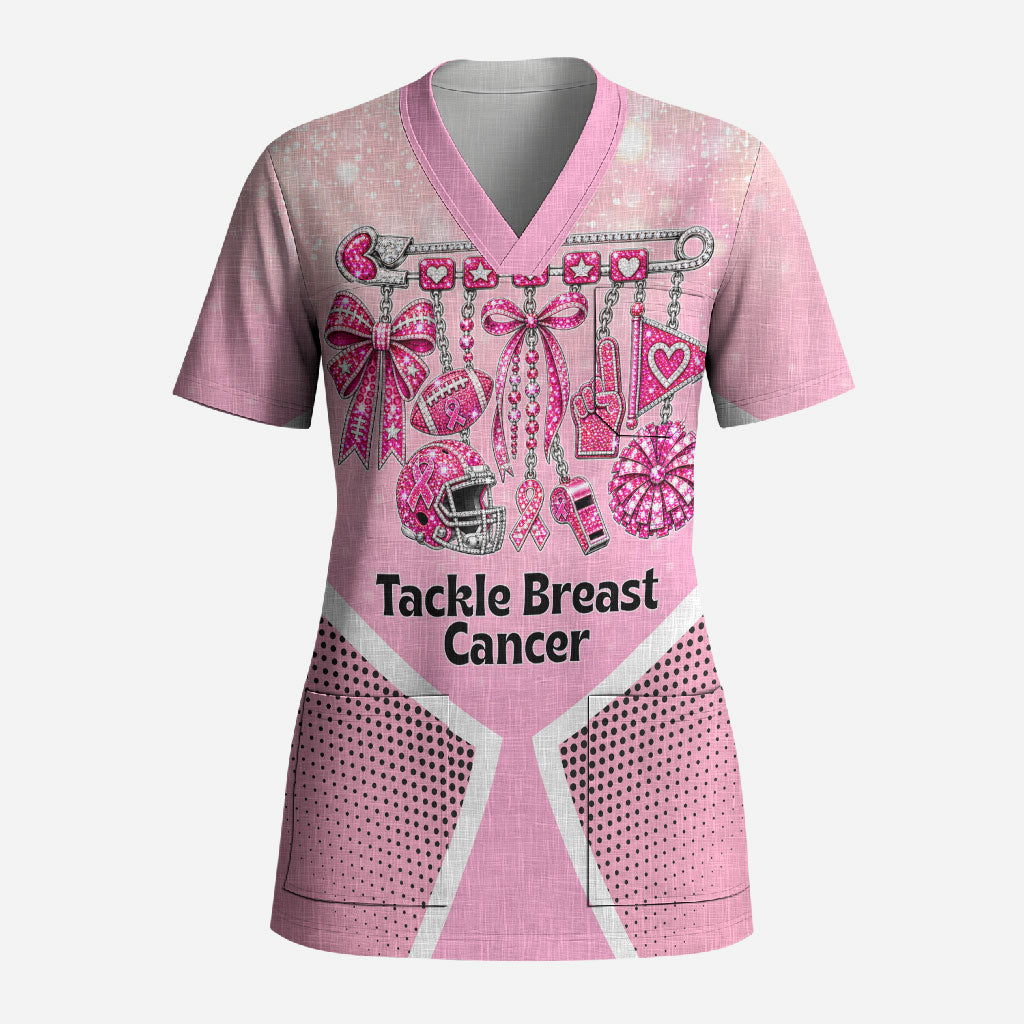 Breast Cancer Awareness Football Scrub Top Pink Out Gridiron Tackle Cancer Ribbon Charm