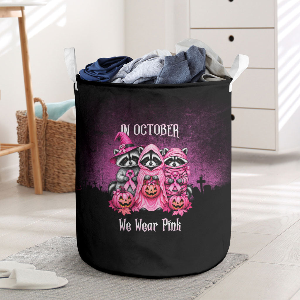 Breast Cancer Awareness Halloween Raccoon Laundry Basket In October We Wear Pink Ghost Raccoon Ribbon