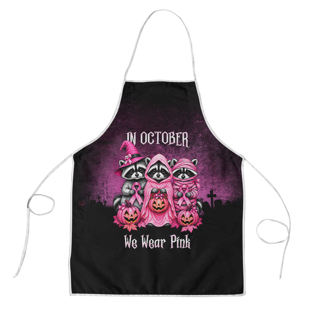 Breast Cancer Awareness Halloween Raccoon Apron In October We Wear Pink Ghost Raccoon Ribbon
