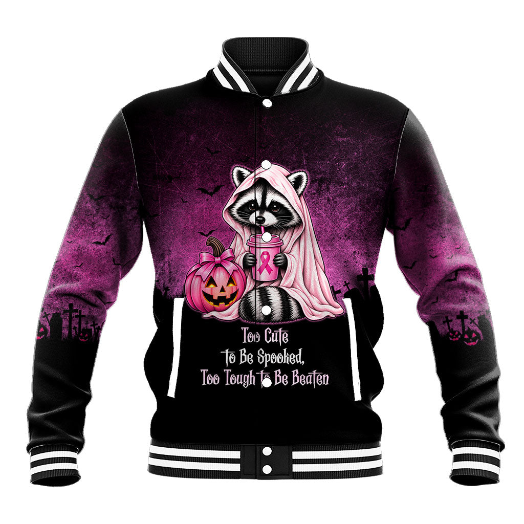 Breast Cancer Awareness Halloween Raccoon Baseball Jacket In October We Wear Pink Ghost Raccoon Ribbon
