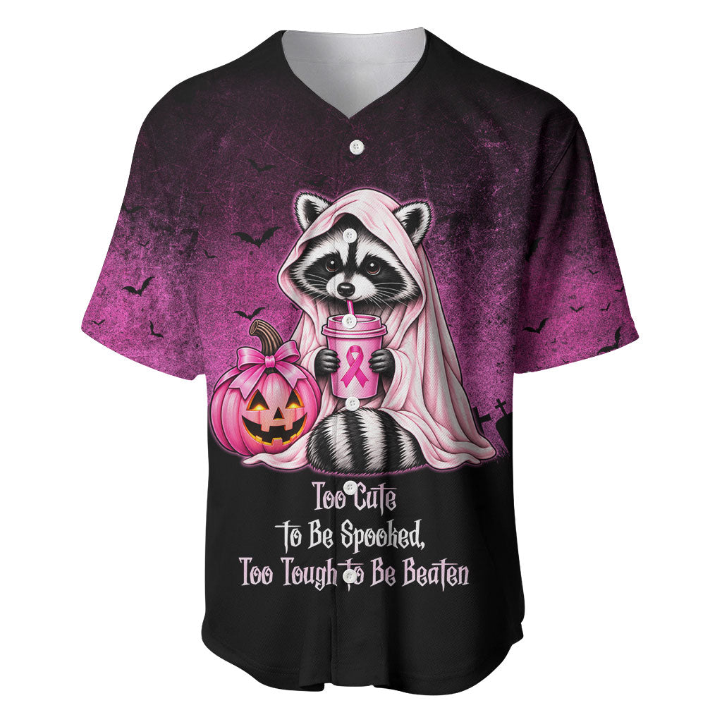 Breast Cancer Awareness Halloween Raccoon Baseball Jersey In October We Wear Pink Ghost Raccoon Ribbon