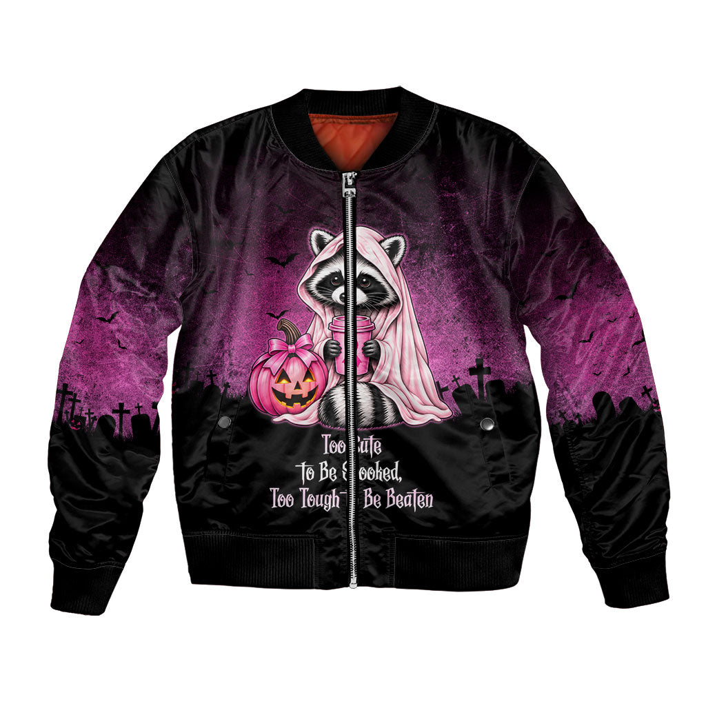 Breast Cancer Awareness Halloween Raccoon Bomber Jacket In October We Wear Pink Ghost Raccoon Ribbon