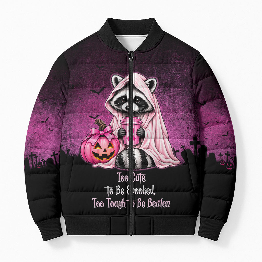 Breast Cancer Awareness Halloween Raccoon Bomber Puffer Jacket In October We Wear Pink Ghost Raccoon Ribbon