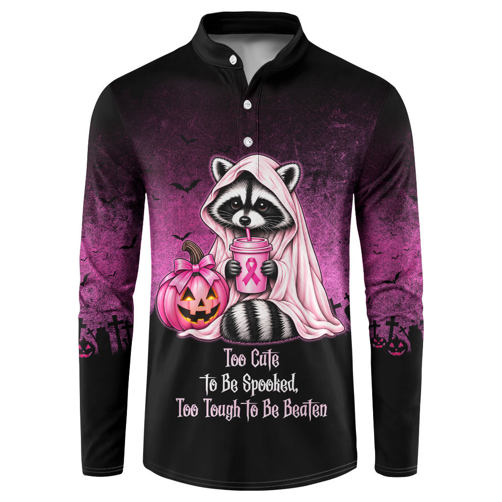 Breast Cancer Awareness Halloween Raccoon Button Sweatshirt In October We Wear Pink Ghost Raccoon Ribbon