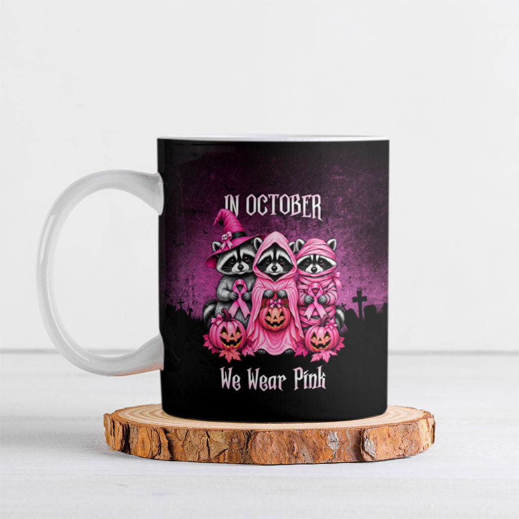 Breast Cancer Awareness Halloween Raccoon Ceramic Mug In October We Wear Pink Ghost Raccoon Ribbon