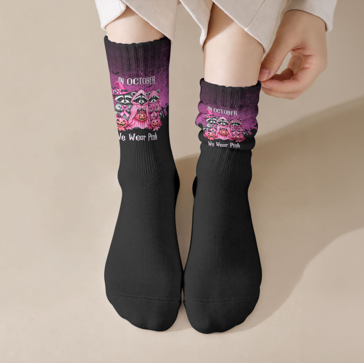 Breast Cancer Awareness Halloween Raccoon Crew Socks In October We Wear Pink Ghost Raccoon Ribbon