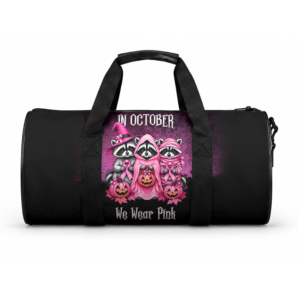 Breast Cancer Awareness Halloween Raccoon Duffle Bag In October We Wear Pink Ghost Raccoon Ribbon