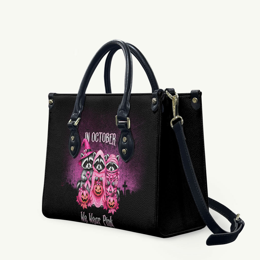 Breast Cancer Awareness Halloween Raccoon Leather Bag In October We Wear Pink Ghost Raccoon Ribbon