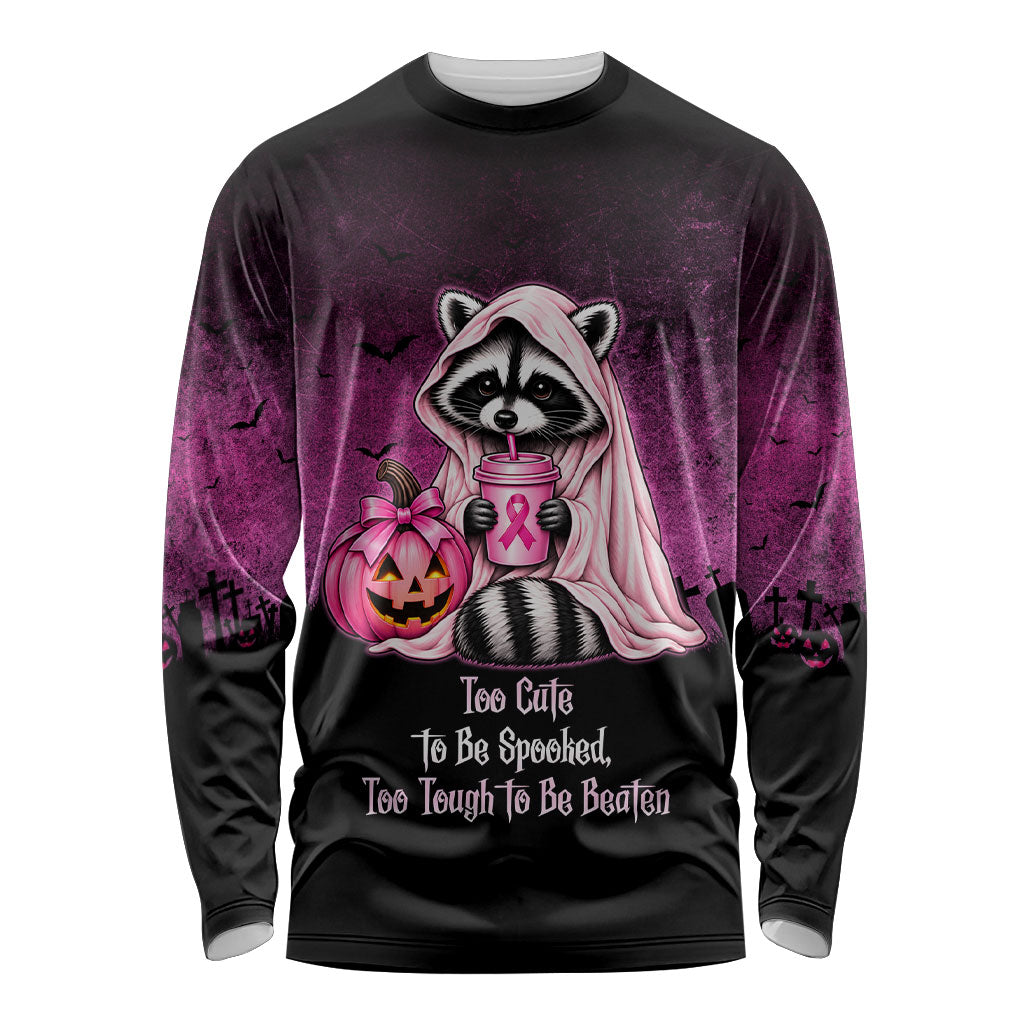 Breast Cancer Awareness Halloween Raccoon Long Sleeve Shirt In October We Wear Pink Ghost Raccoon Ribbon