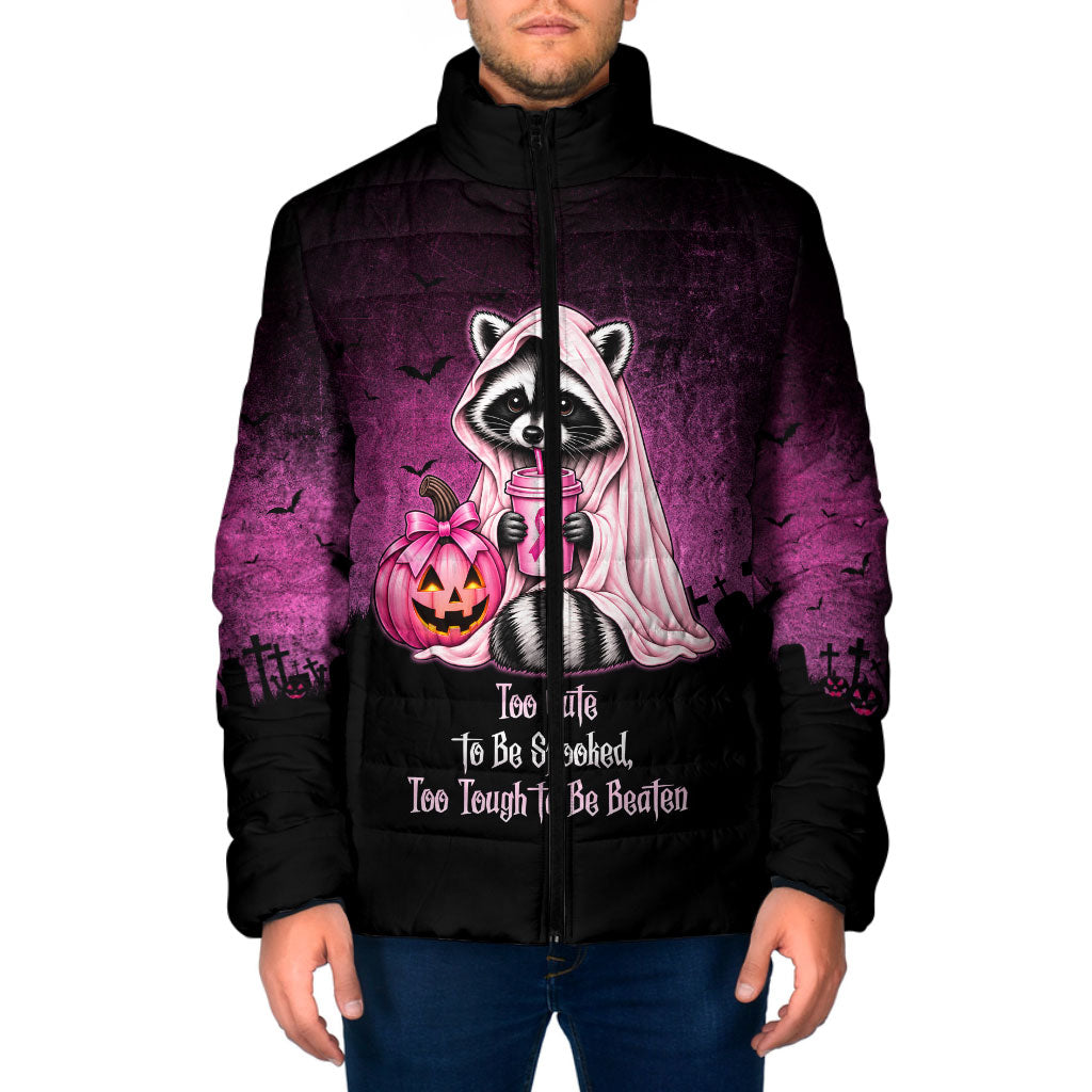 Breast Cancer Awareness Halloween Raccoon Padded Jacket In October We Wear Pink Ghost Raccoon Ribbon