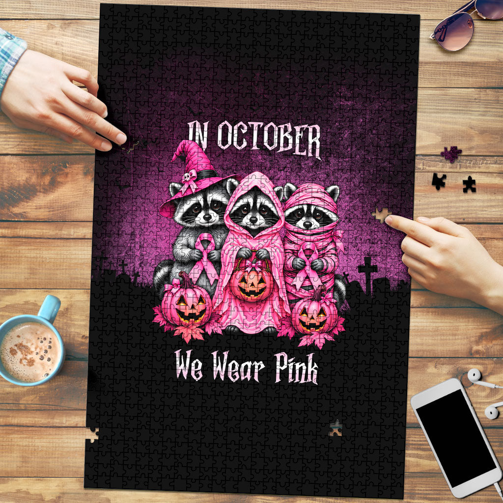 Breast Cancer Awareness Halloween Raccoon Puzzle In October We Wear Pink Ghost Raccoon Ribbon