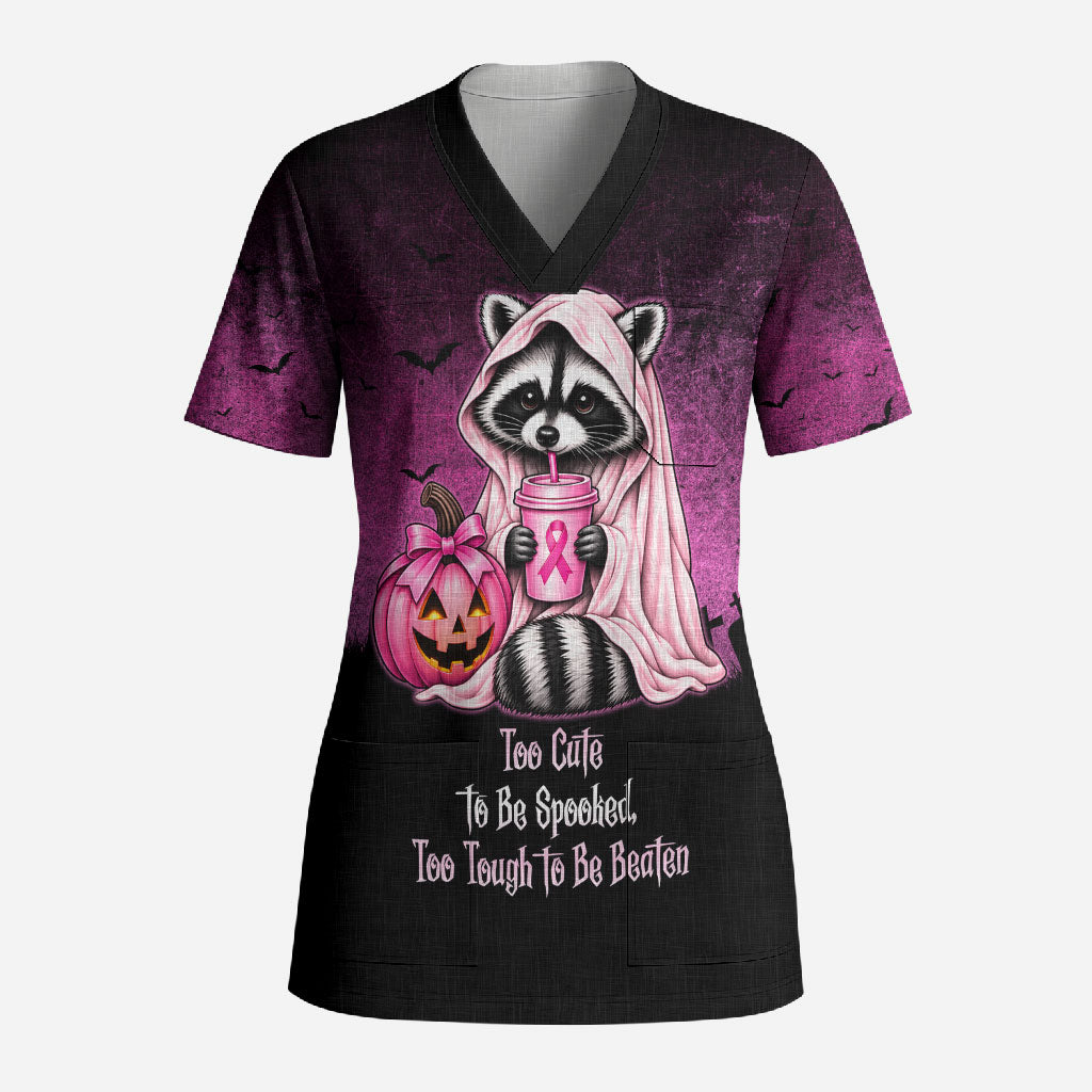 Breast Cancer Awareness Halloween Raccoon Scrub Top In October We Wear Pink Ghost Raccoon Ribbon