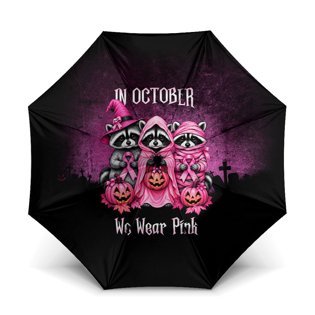 Breast Cancer Awareness Halloween Raccoon Umbrella In October We Wear Pink Ghost Raccoon Ribbon