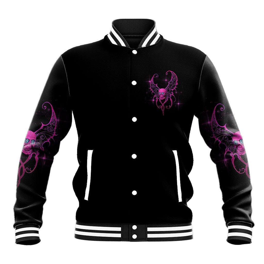 Black varsity baseball jacket with purple fairy skull emblem on front, snap buttons
