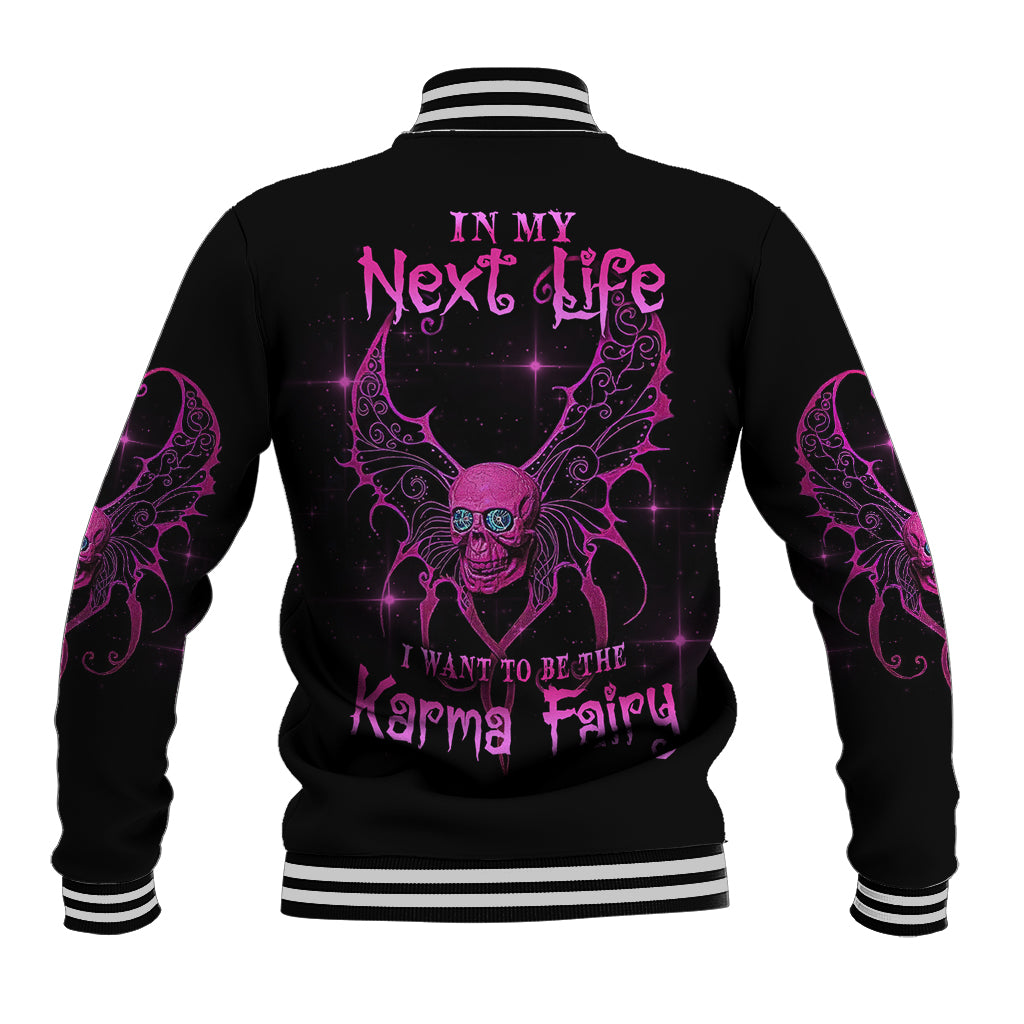 Black varsity baseball jacket, purple fairy skull print on back, striped ribbed cuffs