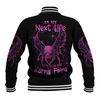 Black varsity baseball jacket, purple fairy skull print on back, striped ribbed cuffs
