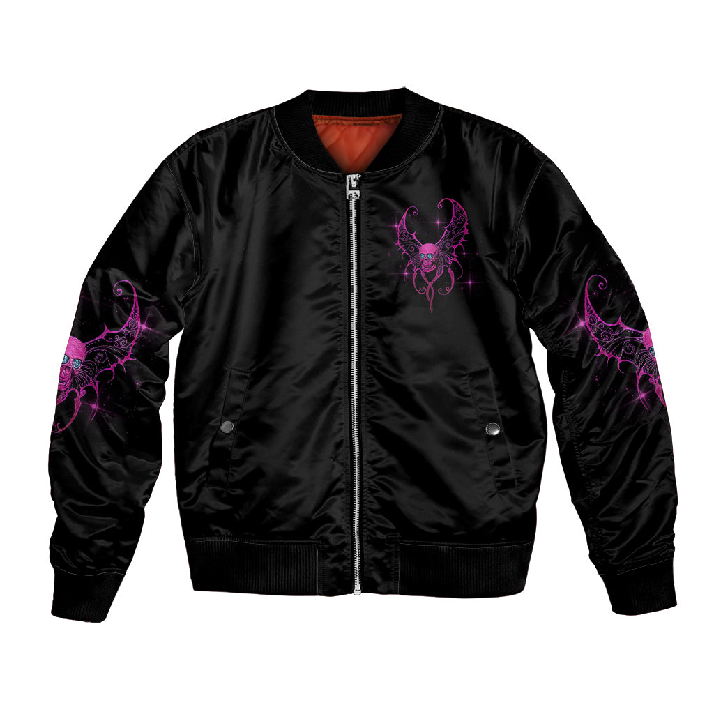 Black bomber jacket with full-zip front and small purple skull graphic on chest