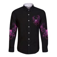 Black long sleeve button shirt with purple-pink fairy skull chest graphic and sleeve art