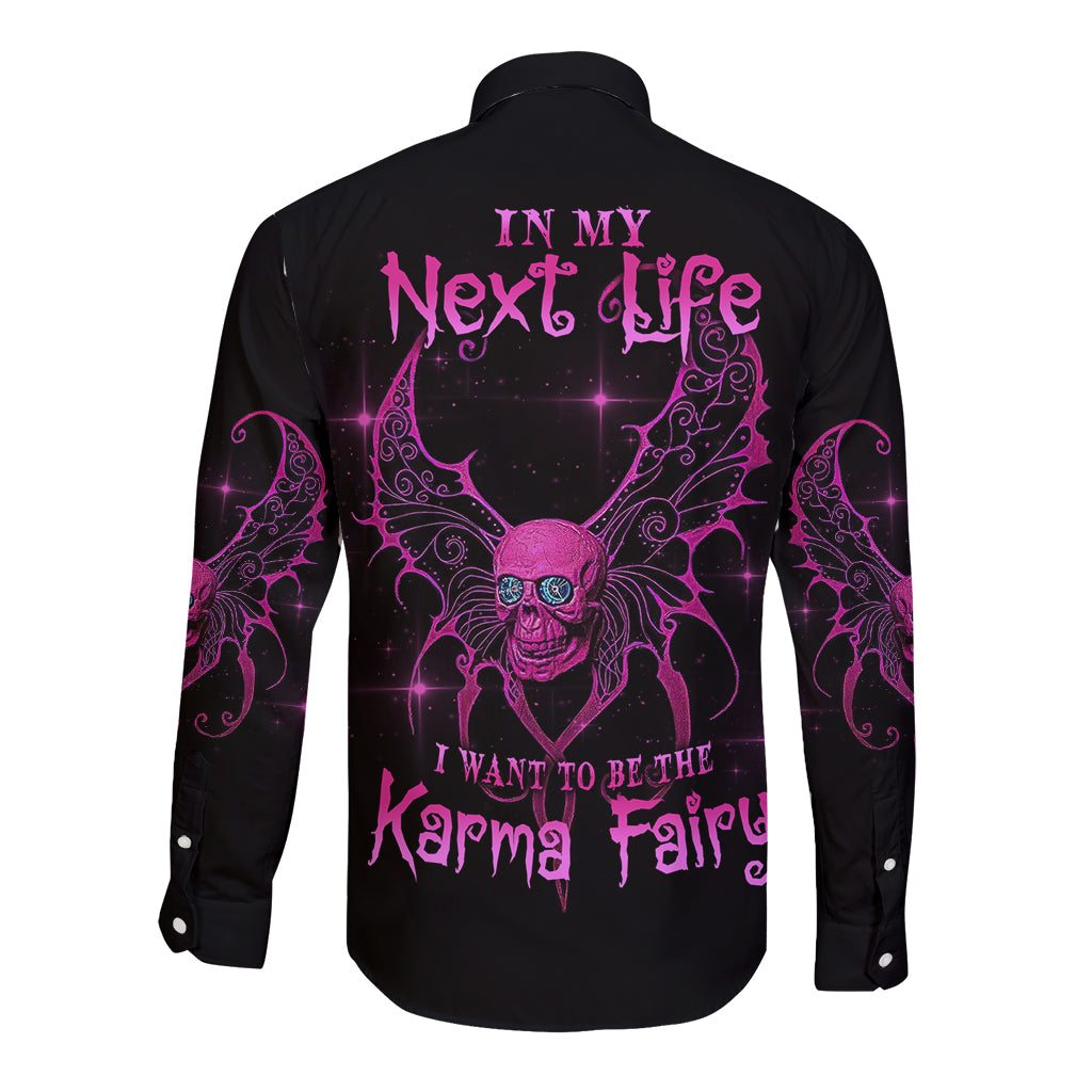 Black long sleeve button shirt with purple-pink skull fairy graphic on back