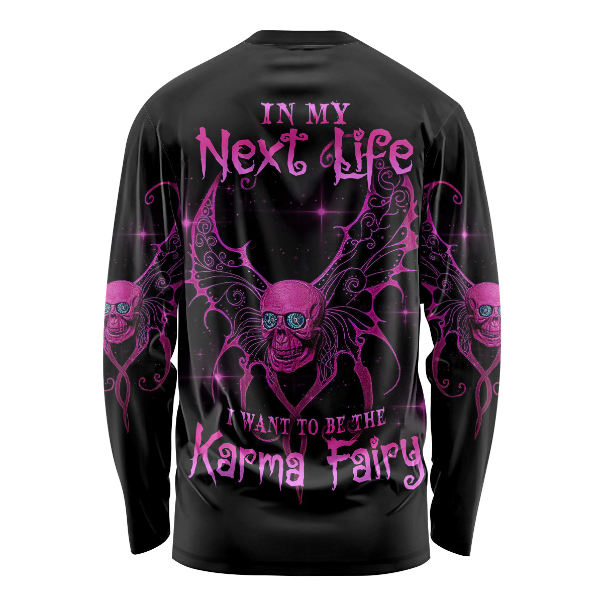 Black long-sleeve shirt with purple skull fairy back graphic and swirling accents