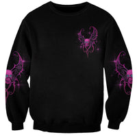 Black unisex sweatshirt with small purple skull fairy logo on chest and sleeves