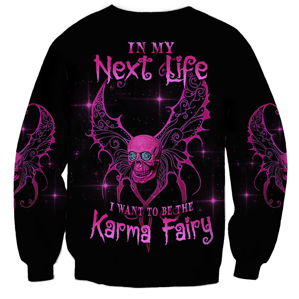 Black unisex sweatshirt with purple skull fairy graphic and Karma fairy text
