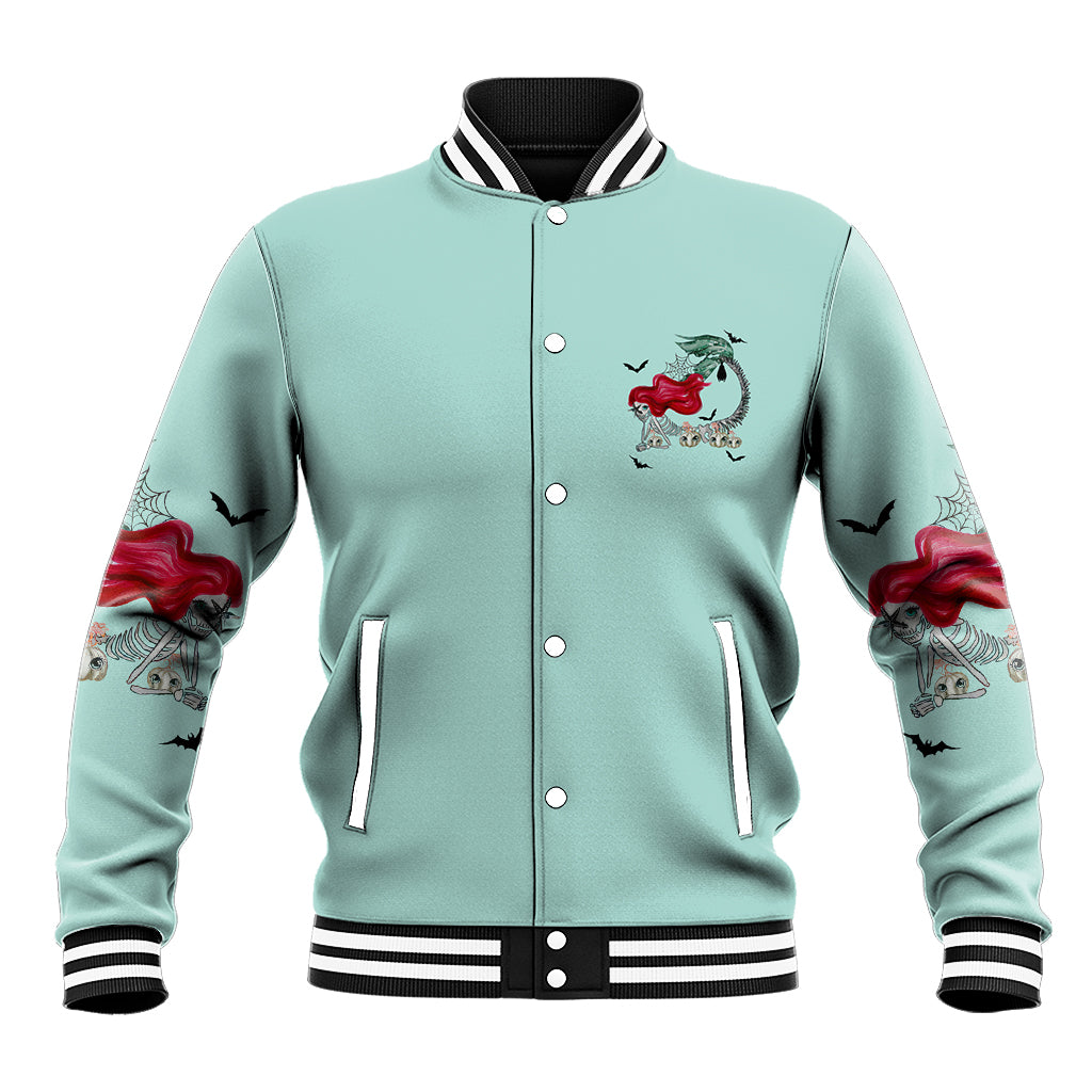 Unisex mint Halloween baseball jacket, front button placket, mermaid graphic with bats