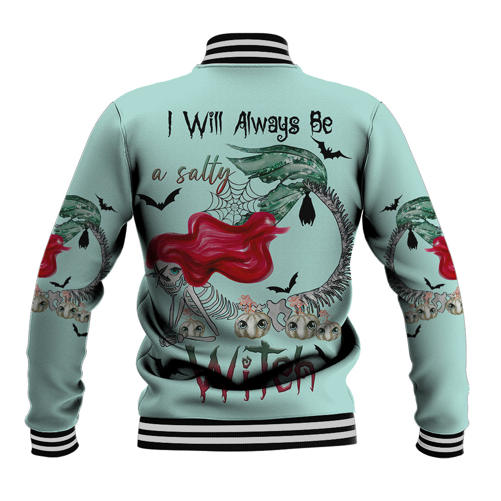 Unisex mint baseball jacket with mermaid back print, bats, striped collar and cuffs