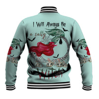 Unisex mint baseball jacket with mermaid back print, bats, striped collar and cuffs
