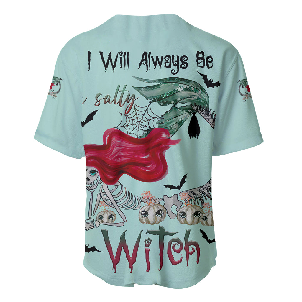 Light teal Halloween mermaid baseball jersey, back graphic with red hair and bats