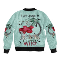 Mint bomber jacket with ribbed collar and cuffs, 'Salty Witch' mermaid graphic on back