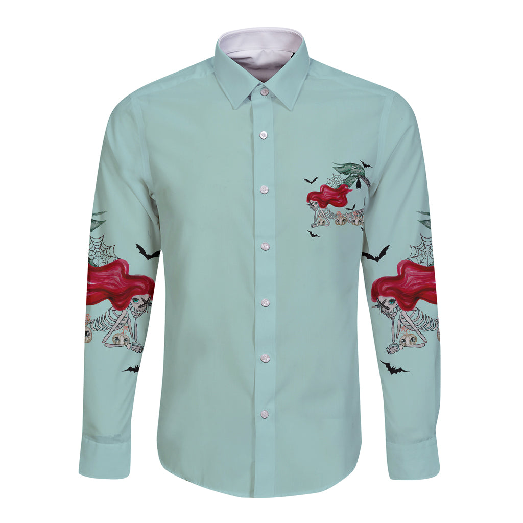 Light blue long-sleeve button shirt with red mermaid witch graphic on front
