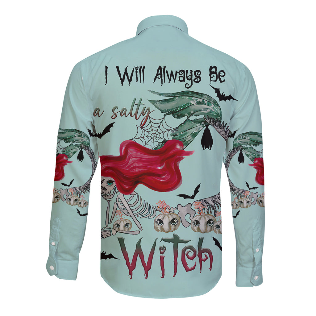 Light blue long-sleeve button shirt with witch and raven graphic on back